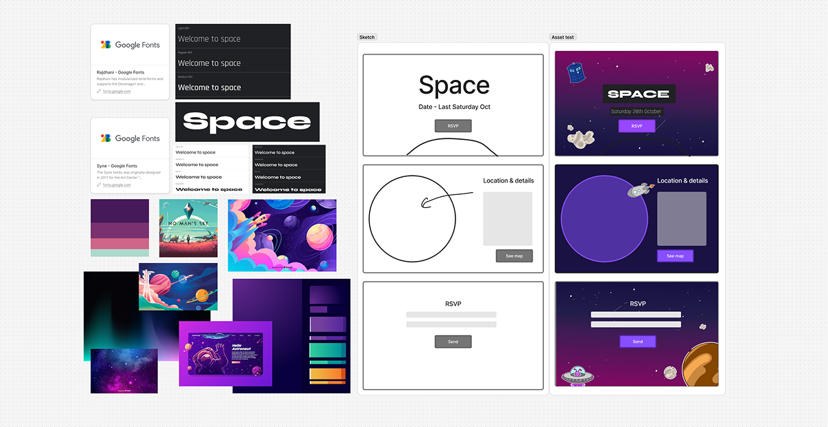 Moodboard showing hand-drawn assets and colour palette