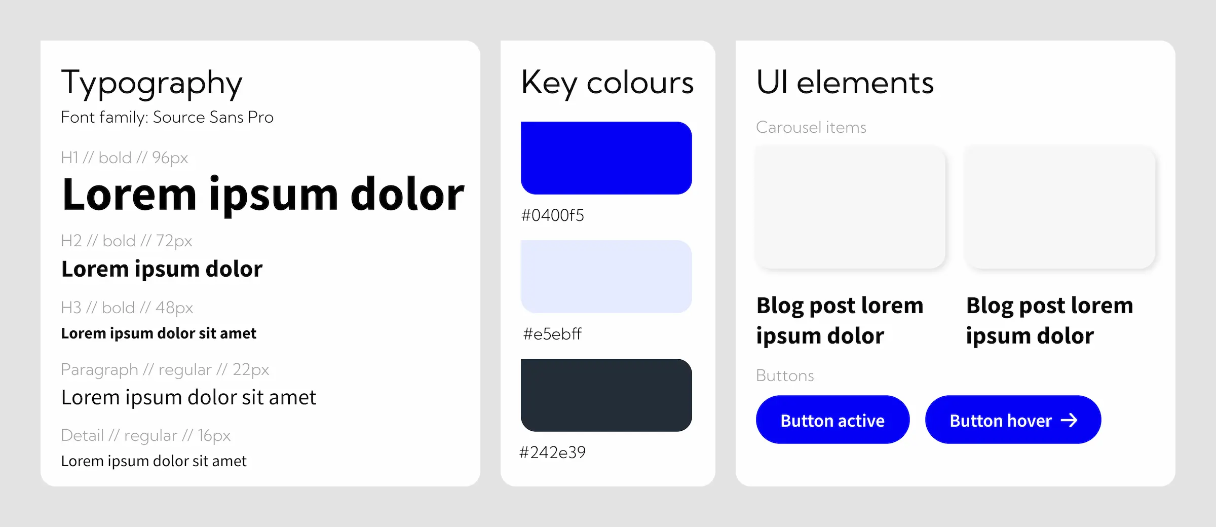Planning board showing target brand fonts, colours and key element styles